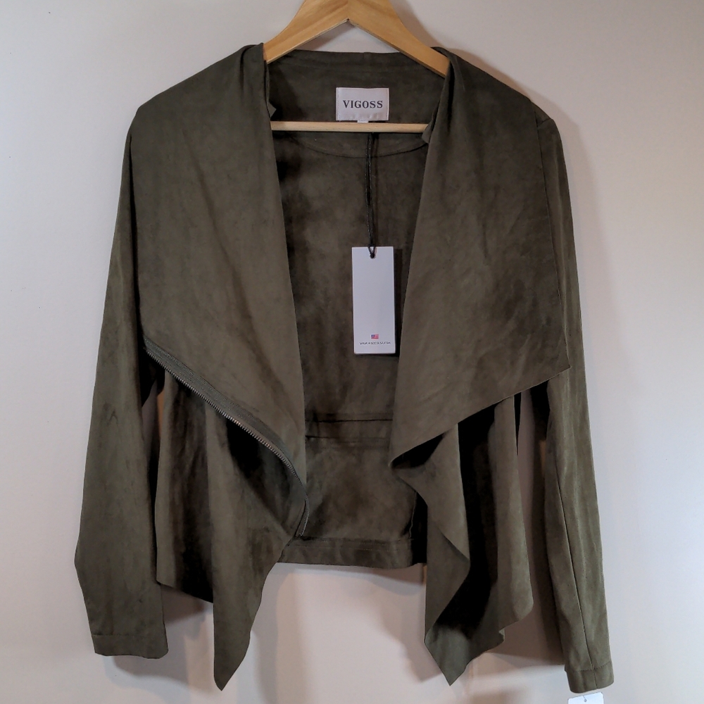 Vigoss Olive Faux Suede Drape Collar Jacket Extra Small